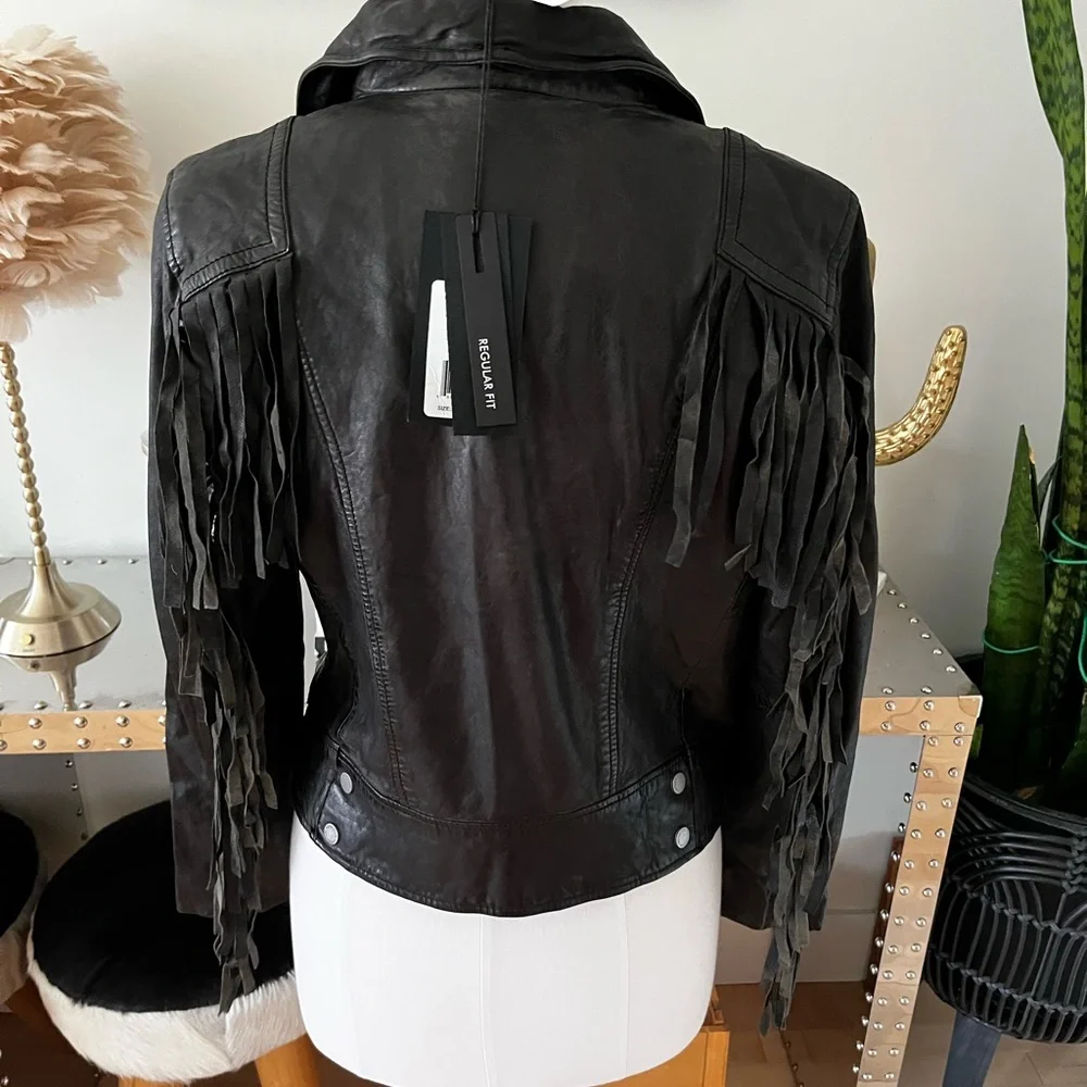 Mauritius (purchased online from Free People) Black Leather Zoey Fringe Jacket - Picture 6 of 14